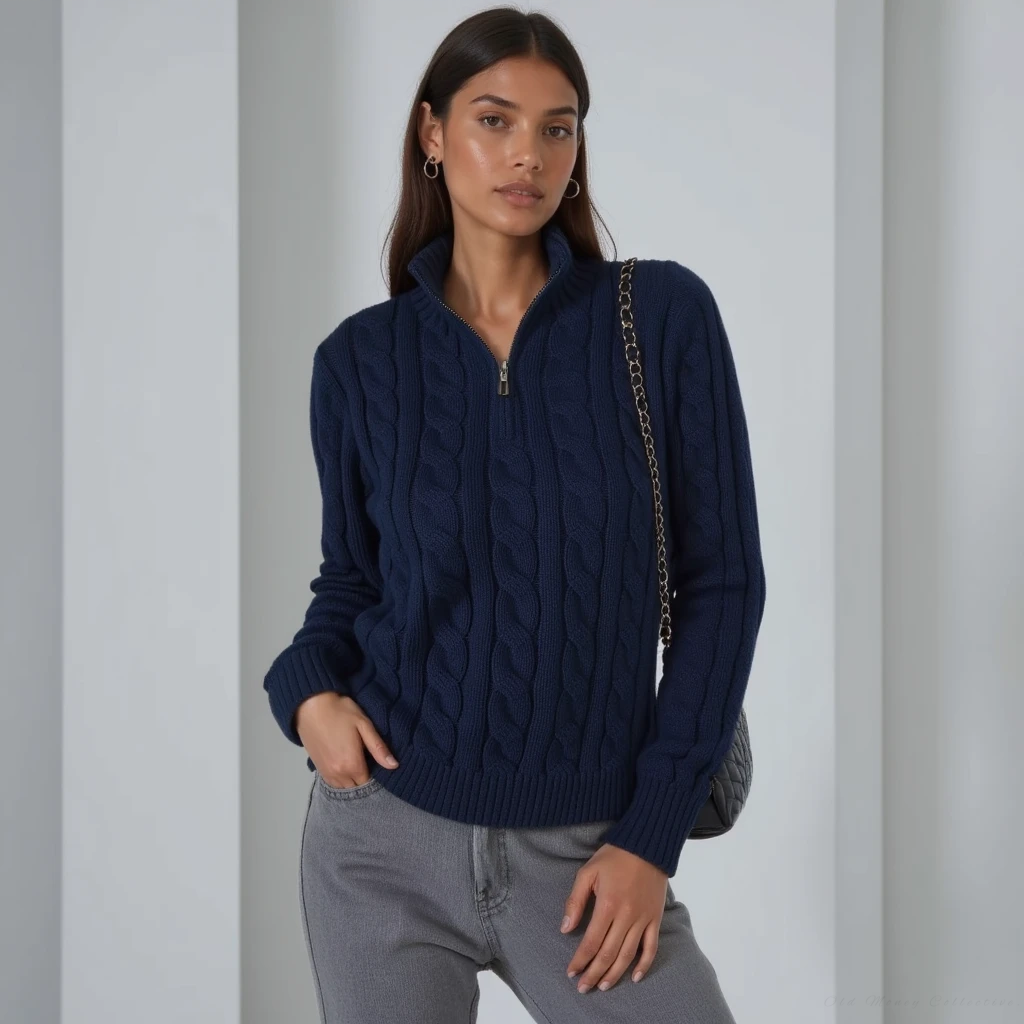 Tessiana | Damen Zopfstrick Pullover mit Reißverschluss und Stehkragen